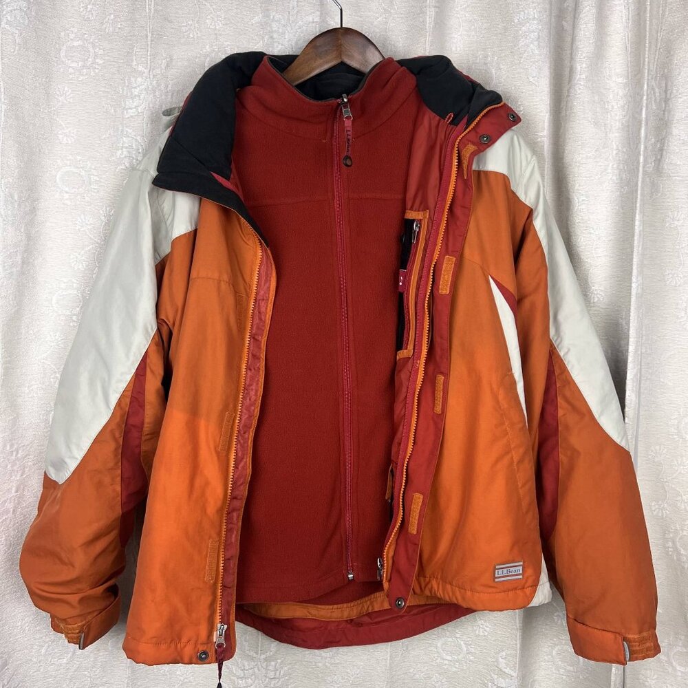 LL Bean men's 3-in-1 jacket zip-out fleece lining orange water resistant outdoor
